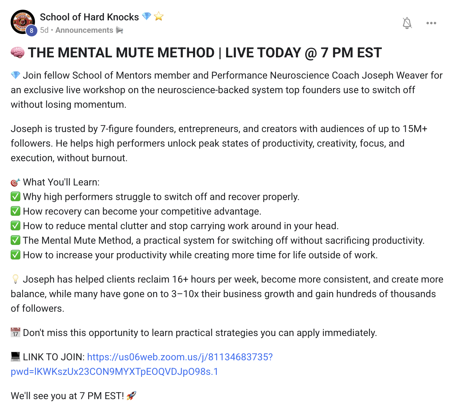 School of Hard Knocks announcement post for Joseph Weaver's Mental Mute Method workshop